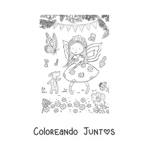 Imagen para colorear de niña hada bailando con un perro en jardín mágico