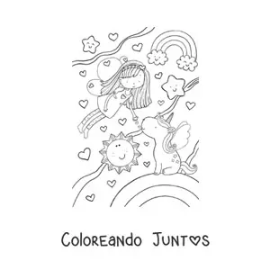 Imagen para colorear de niña hada volando con unicornio y arcoíris