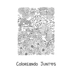 Imagen para colorear de jardín secreto con un columpio rodeado de flores y aves
