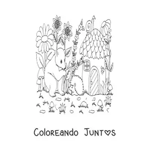 Imagen para colorear de oso y animales del bosque mágico en casa con forma de hongo