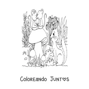 Imagen para colorear de gato y ratones en jardín mágico