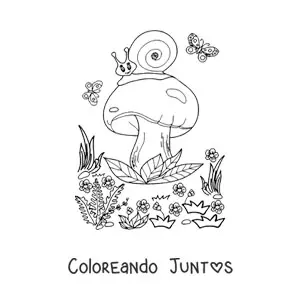 Imagen para colorear de hongo con caracol y mariposas en el bosque mágico
