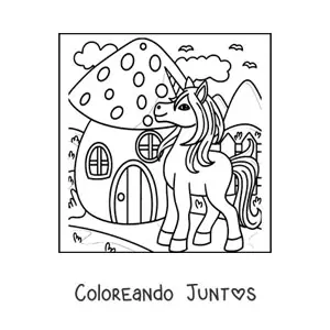 Imagen para colorear de unicornio junto a casa con forma de hongo en el bosque encantado