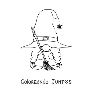 Imagen para colorear de gnomo de Halloween con escoba