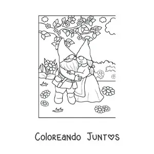 Imagen para colorear de pareja de gnomos abrazados en jardín