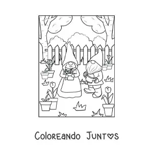 Imagen para colorear de pareja de gnomos sembrando plantas en el jardín