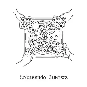 Imagen para colorear de varias manos agarrando rebanadas de una pizza en una caja