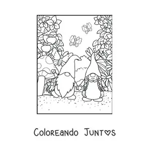 Imagen para colorear de pareja de gnomos enamorados en jardín con mariposas y flores