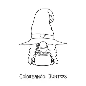 Imagen para colorear de gnomo de Halloween con caldero