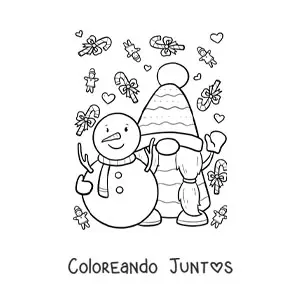 Imagen para colorear de gnomo navideño con muñeco de nieve