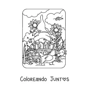 Imagen para colorear de gnomo tierno en jardín con flores