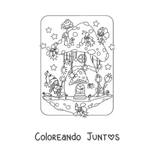 Imagen para colorear de gnomo mágico y luciérnagas animadas en casa con forma de hongo
