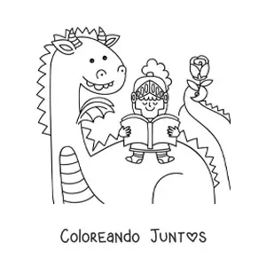 Imagen para colorear de caballero kawaii leyendo un libro sentado en un dragón