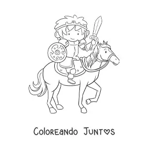 Imagen para colorear de caballero animado con espada y escudo montando a caballo
