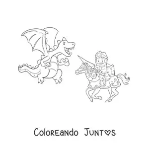 Imagen para colorear de caballero heroico animado peleando contra un dragón