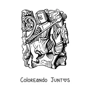 Imagen para colorear de caballero con lanza y escudo en su corcel