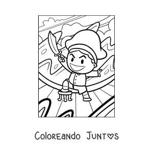 Imagen para colorear de pirata malo animado con espada en un barco