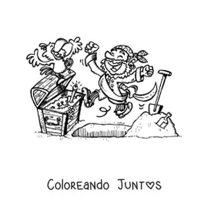 Imagen para colorear de pirata animado con su loro desenterrando un tesoro