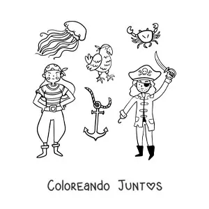 Imagen para colorear de pirata con chica pirata y un loro