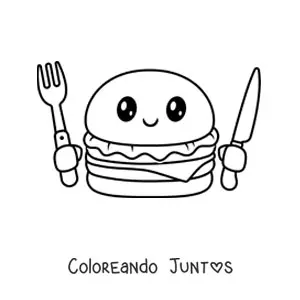 Imagen para colorear de una hamburguesa kawaii con un tenedor y un cuchillo