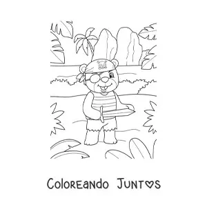 Imagen para colorear de oso pirata animado en la isla del tesoro
