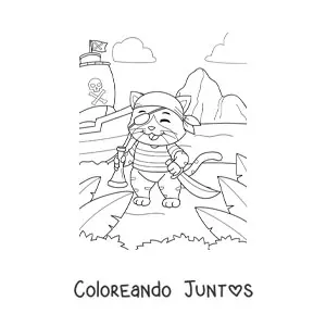 Imagen para colorear de gato pirata animado en la isla del tesoro con su barco