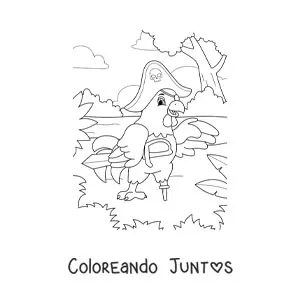 Imagen para colorear de gallina pirata animada en la isla del tesoro con espada