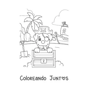 Imagen para colorear de perro pirata animado desenterrando un tesoro frente a su barco