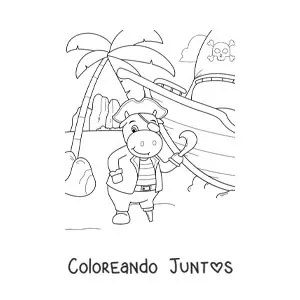 Imagen para colorear de vaca pirata animada en la isla del tesoro con su barco