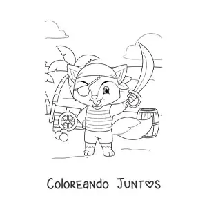 Imagen para colorear de zorro pirata animado en la isla del tesoro