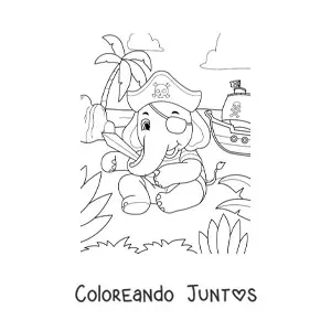 Imagen para colorear de elefante pirata animado en la isla del tesoro con su barco