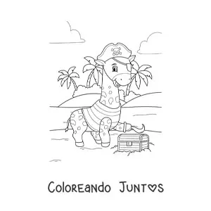 Imagen para colorear de jirafa pirata animada con cofre del tesoro en la isla