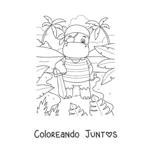 Imagen para colorear de hipopótamo pirata animado en la isla del tesoro