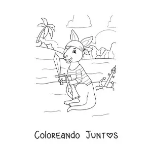 Imagen para colorear de canguro pirata animado buscando un tesoro en la isla