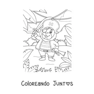 Imagen para colorear de león pirata animado en la isla del tesoro
