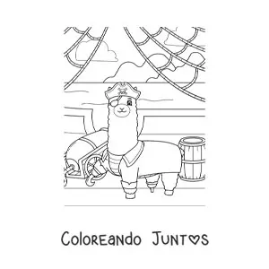Imagen para colorear de llama pirata animada en un barco pirata