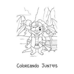 Imagen para colorear de zuricata pirata animada con cofre del tesoro en la isla