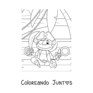 Imagen para colorear de mono pirata animado en un barco pirata