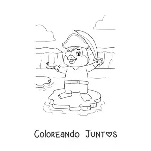 Imagen para colorear de pingüino pirata animado en un iceberg
