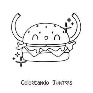 Imagen para colorear de una hamburguesa con brazos hacia arriba sonriendo animada