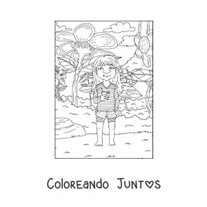 Imagen para colorear de niña troll realista moderna con flores