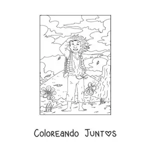 Imagen para colorear de chico troll realista en una montaña con flores