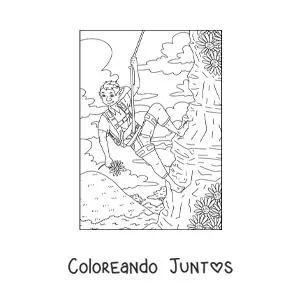 Imagen para colorear de chico troll realista escalando una montaña con flores
