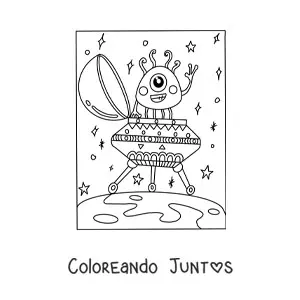 Imagen para colorear de extraterrestre kawaii en su nave
