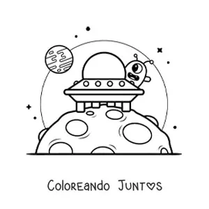 Imagen para colorear de extraterrestre animado en una nave en otro planeta