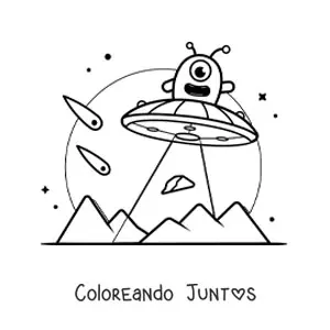 Imagen para colorear de extraterrestre animado volando en un ovni