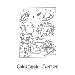 Imagen para colorear de astronauta saludando a un extraterrestre