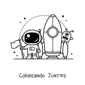 Imagen para colorear de astronauta con un cohete y un extraterrestre