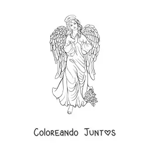 Imagen para colorear de ángel femenino realista con flores