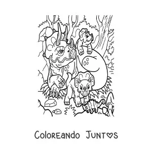 Imagen para colorear de mamá triceratops con sus bebés en la selva